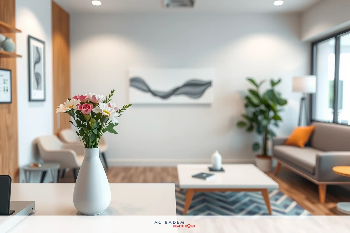 The image depicts a modern and stylish living room. There is a white sofa against the wall with two cushions. A coffee table sits in front of the sofa with a plant on top. The floor has a large area rug with abstract patterns.