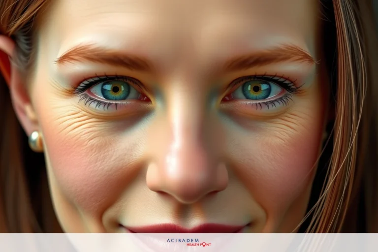 How Much Will Nose Tip Drop After Rhinoplasty A close-up of a woman's face with vibrant blue eyes, showcasing her complexion and makeup. She has fair skin, subtle freckles on the nose, and wears light makeup that enhances her features.