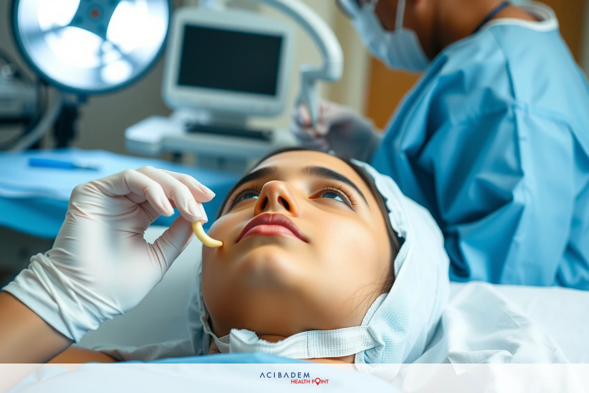 Image shows an operating room scene with a woman lying on an operating table. She has surgical gloves covering her hands and is looking at the surgeon performing surgery nearby. The environment includes medical equipment, such as monitors and surgical instruments.