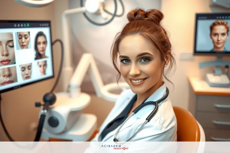 What is the Difference Between Rhinoplasty and Nose Reshaping A surgeon office with a woman doctor wearing a white coat, sitting by her chair and smiling. She's using digital tools including a screen displaying an image of a face for analysis.