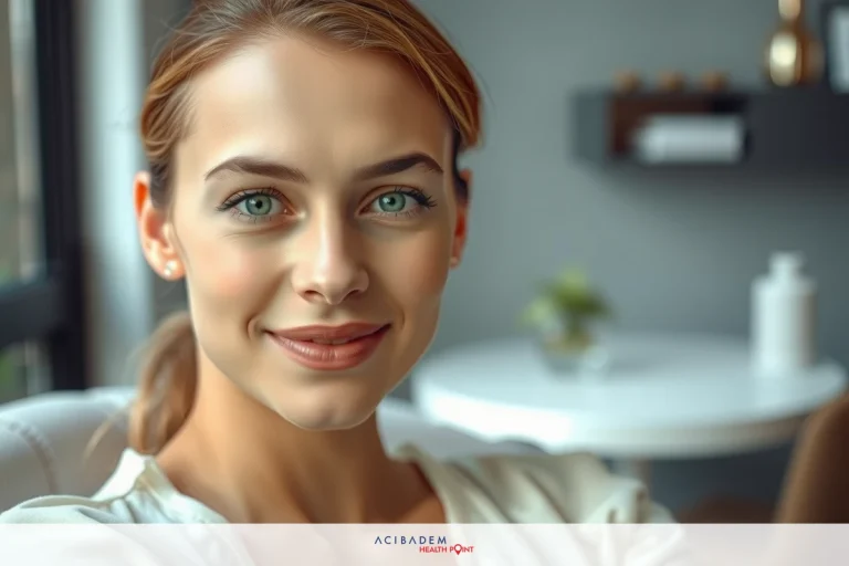 The image features a young woman with fair skin and blue eyes, sitting in an indoor setting that appears to be a modern living room or office. She is wearing a light-colored blouse or jacket and has a neutral expression on her face. The environment includes soft lighting and minimalist decor.