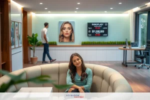 A woman in a blue top seated on a couch. She appears relaxed, possibly in an office setting that includes modern furniture and a large screen displaying some sort of data or presentation.