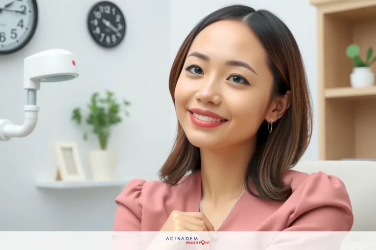 A woman in a pink suit sitting at a desk, smiling and looking at the camera. She is wearing earrings. In the background, there's a clock on the wall and plants, creating an indoor office environment.
