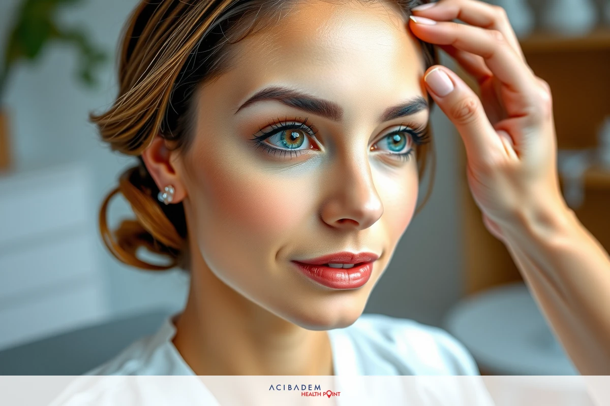 The image features a woman sitting in front of a mirror, with another person assisting her with makeup application. The focus is on the woman's face and hands.