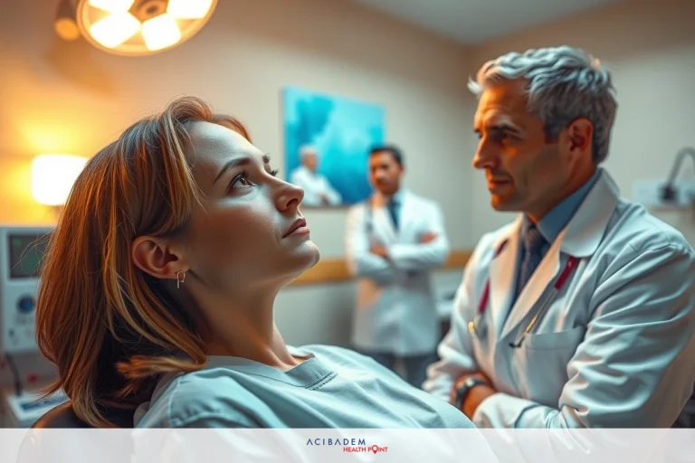 Can an Otolaryngologist Perform Rhinoplasty? The image portrays a medical scene where a woman is sitting on a medical chair. Two doctors, one male and one female, are looking at her, possibly examining or discussing her condition.