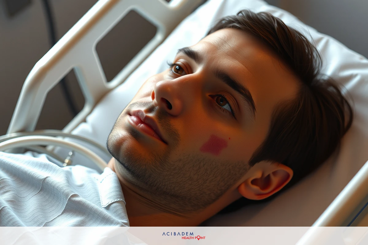 Man lying on hospital bed with red markings on cheek. He is wearing a white gown and appears to be resting or waiting for treatment.