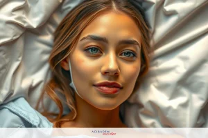 Close up of a young woman lying in bed, wearing a blue top. Her eyes are gently closed and she has a thoughtful expression on her face.