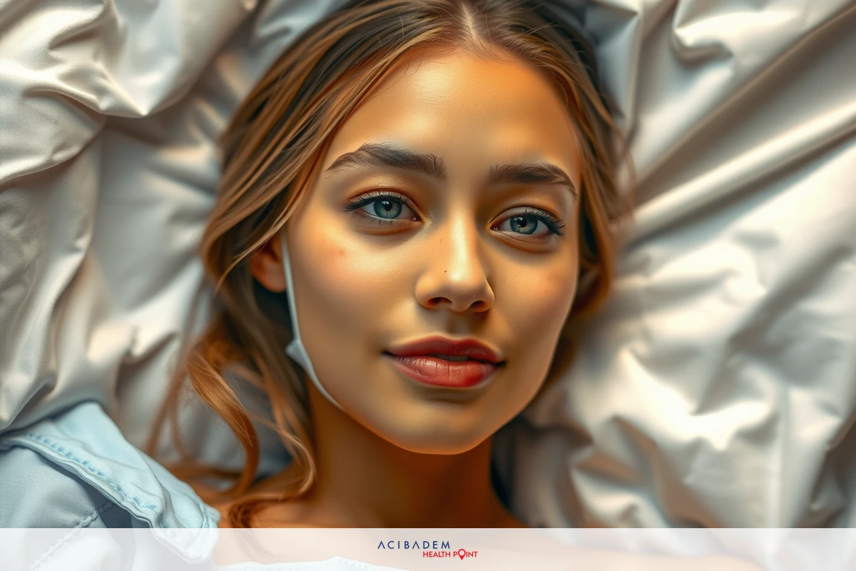 Close up of a young woman lying in bed, wearing a blue top. Her eyes are gently closed and she has a thoughtful expression on her face.