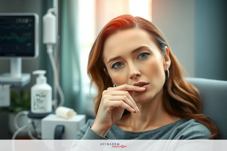 The image shows a woman in what appears to be a clinical or medical setting. She is seated and looking slightly away from the viewer, holding her chin with one hand as if deep in thought or about to say something.