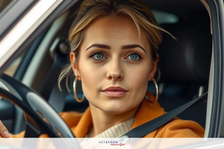 How Soon Can You Drive After Rhinoplasty The image features a woman at the steering wheel of a car. Her expression is focused and serious. She has blonde hair with highlights and is wearing a peach-colored jacket.