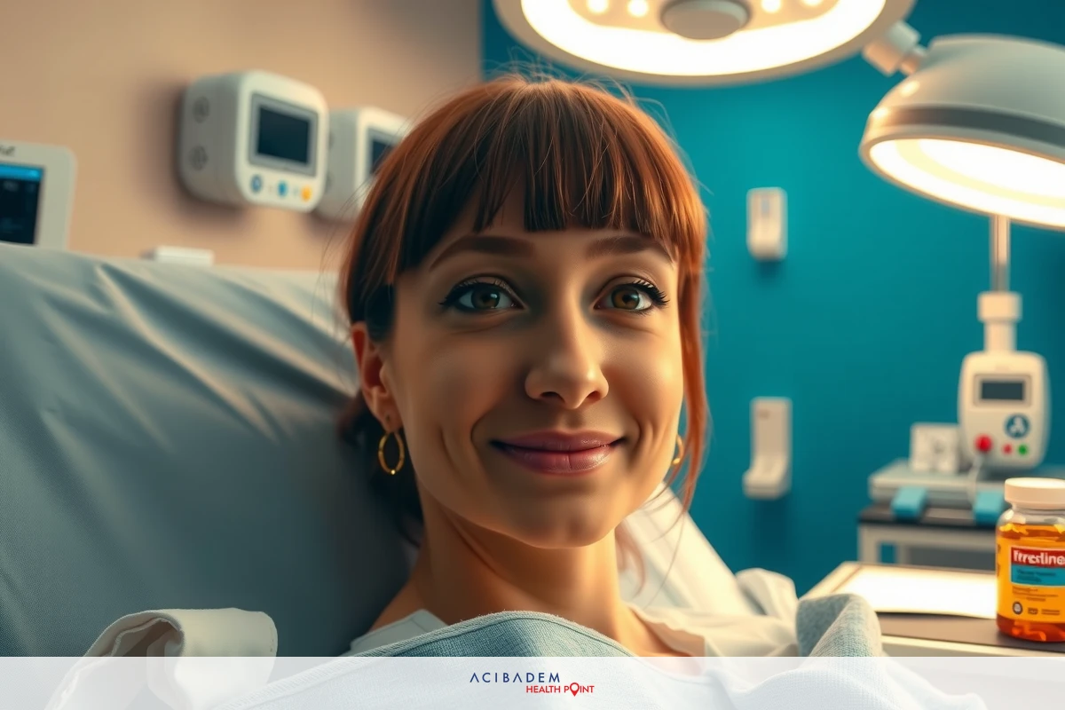 A woman sitting in a hospital bed, smiling and looking at the camera with professional medical equipment around her. She is wearing an earring and seems relaxed.