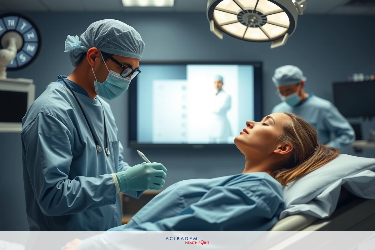 Medical scene with surgeons in surgical gowns performing a procedure on a woman under general anesthesia. One surgeon stands over the operating table, attending to the rhinoplasty.