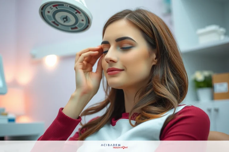 A woman sitting in a medical chair, looking to the left with her hand on her forehead. The environment suggests a professional medical office setup.
