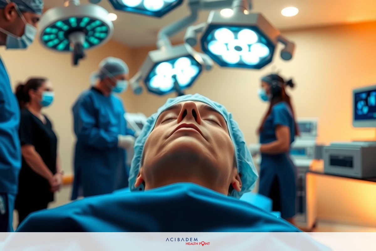 Operating room scene with surgeons and patient. Patient is on surgical table, during medical procedure.