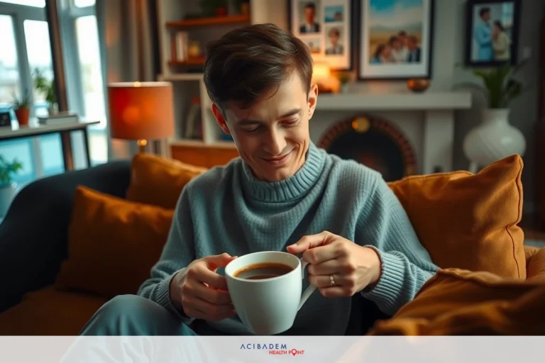 Can Rhinoplasty Help Headaches? Man sitting on a couch, smiling while holding a mug of coffee. The scene is warm and cozy with a comfortable living room setting.