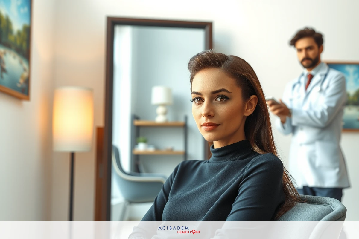 Woman seated in a modern medical office, examined by physician. She wears a sleek black top and sits attentively, while the doctor records her consultation on a tablet.