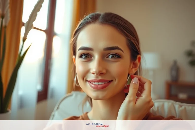 The image features a woman smiling at the camera. She is wearing makeup and has dark hair. The setting appears to be an indoor living space with warm lighting, suggesting a comfortable and casual environment.