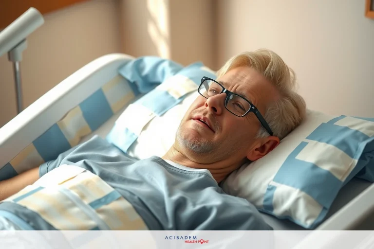 How to Tape Glasses to Forehead After Rhinoplasty An elderly man lying in a hospital bed, wearing a white gown. He appears to be asleep or in deep thought.