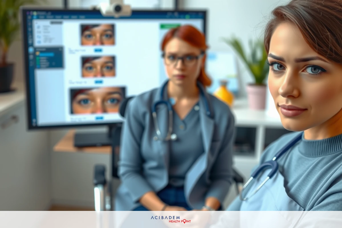 Two women wearing medical gowns and stethoscopes engaged in a conversation. One woman has short red hair, is seated, and looks at another woman with a serious expression. The other woman has long dark hair, is standing, and maintains an attentive posture.