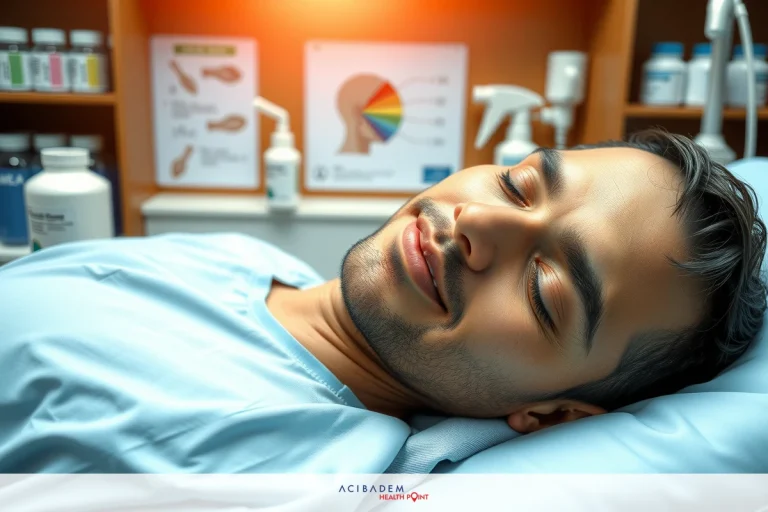 The image shows a person lying down on what appears to be a hospital bed. The individual has their eyes closed, suggesting they are resting or asleep. The environment suggests a medical setting with various medical supplies and equipment visible in the background.