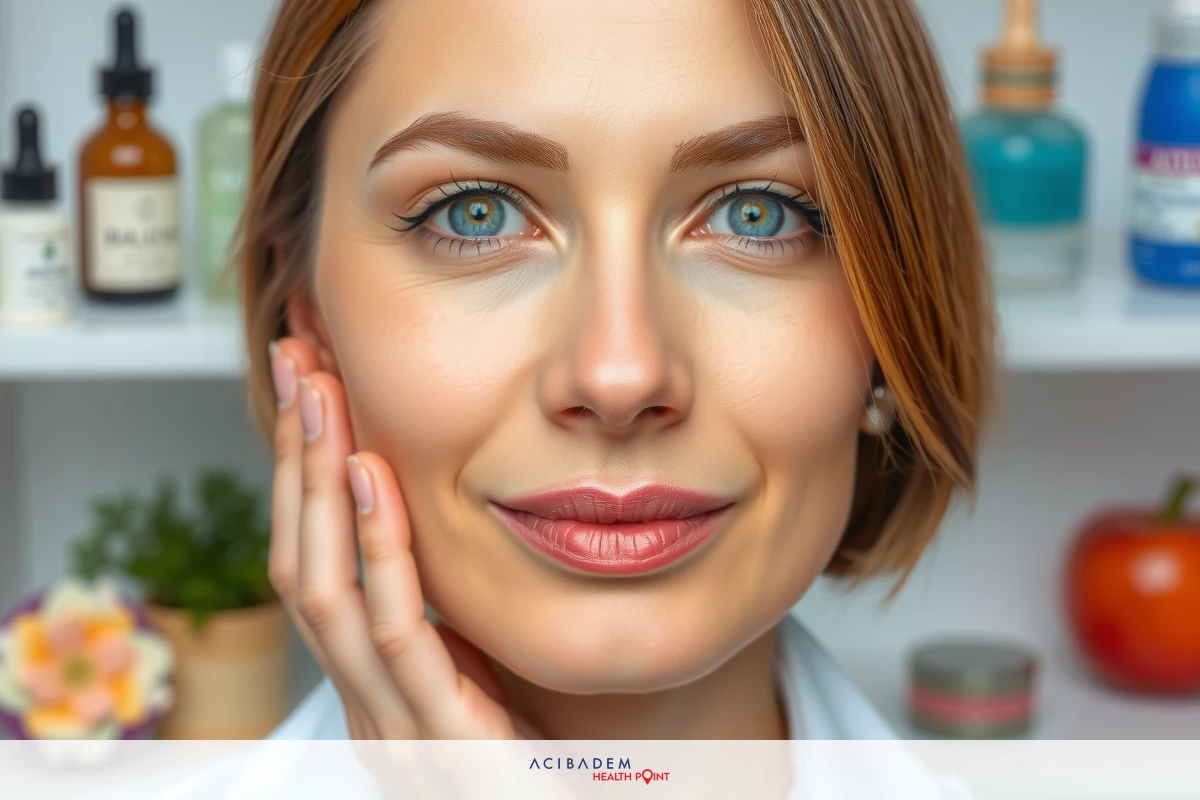 The image shows a woman with her hand on her face, appearing to have an acne outbreak. She is in front of a shelf filled with various skincare products. The environment suggests she may be in a dermatologist's office or at home taking care of her skin.