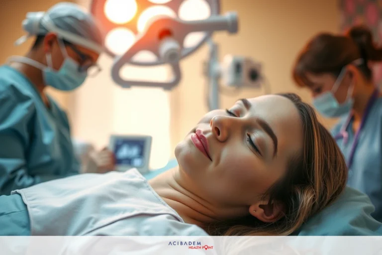 Surgical scene: woman lying on operating table with surgical team standing around her. They are wearing medical scrubs and face masks, suggesting a sterile environment.