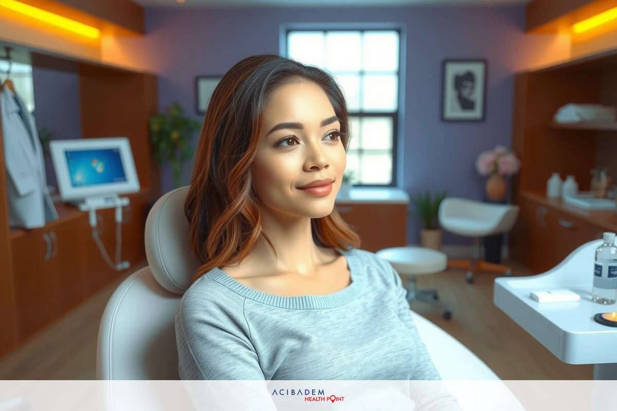 A young woman is seated in a chair, smiling and looking directly at the camera. The office environment includes medical equipment and furniture commonly found in such settings.