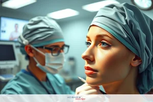 In the image, actress Elizabeth Banks portrays a character in scrubs performing surgery. She is wearing a mask and scrub cap, indicating her role as a medical professional. The environment suggests an operating room setting with medical equipment visible. The colors are clinical whites and greens, emphasizing the sterile environment of the medical setting.