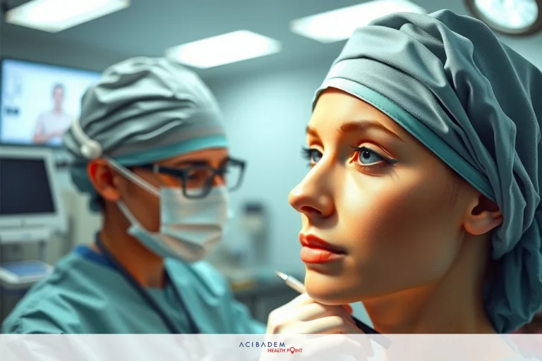 In the image, actress Elizabeth Banks portrays a character in scrubs performing surgery. She is wearing a mask and scrub cap, indicating her role as a medical professional. The environment suggests an operating room setting with medical equipment visible. The colors are clinical whites and greens, emphasizing the sterile environment of the medical setting.