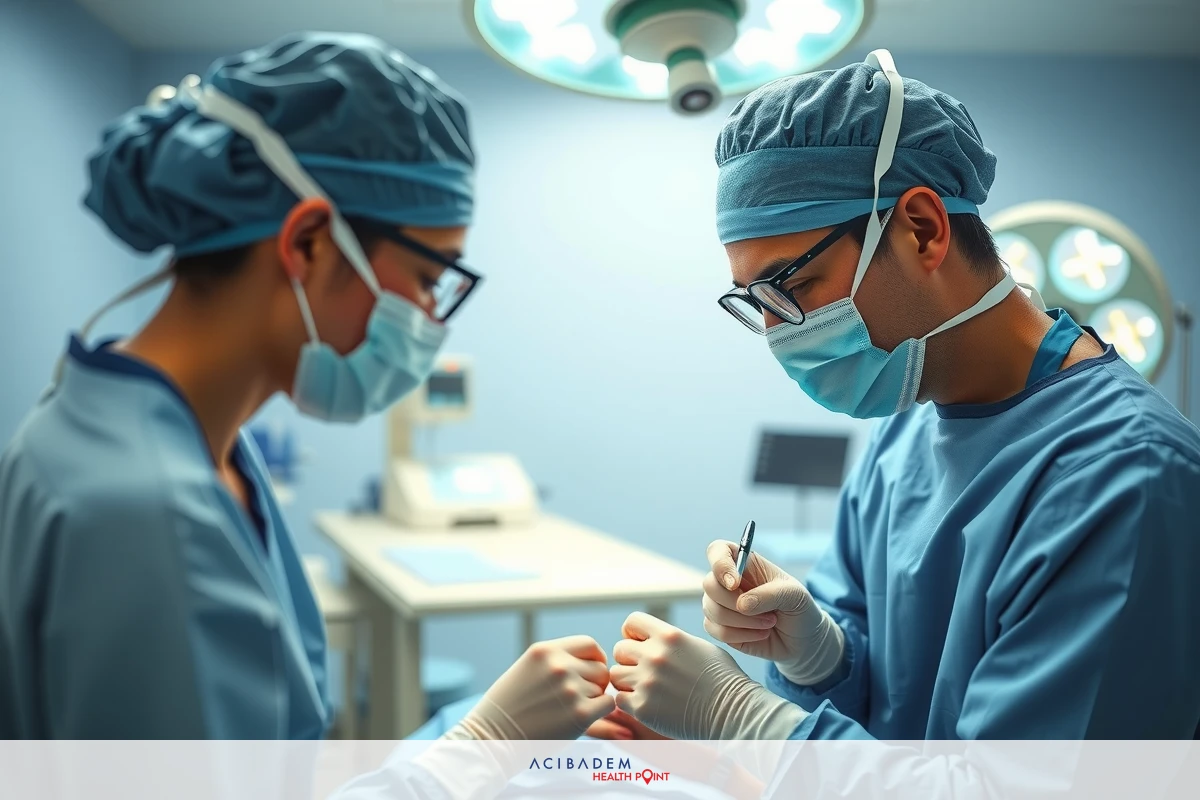 The image depicts a medical procedure being conducted by two healthcare professionals in an operating room. Both individuals are wearing surgical masks, gowns, and gloves, indicating they are surgeons or doctors performing a delicate operation.