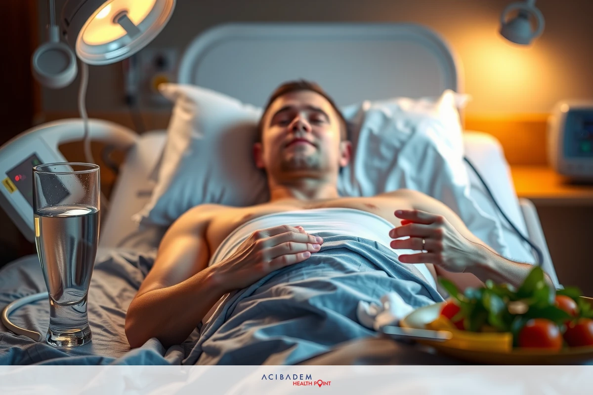 The image shows a hospital room with a young man lying on a bed. He is shirtless and appears to be in good health. On his chest, there are several monitors attached for medical monitoring. To the right of him, there's a salad on a plate, suggesting he might have been eating a meal or about to eat one. The room has a sterile environment typical of a hospital setting with white walls and flooring. There are no visible texts or distinctive logos in the image.