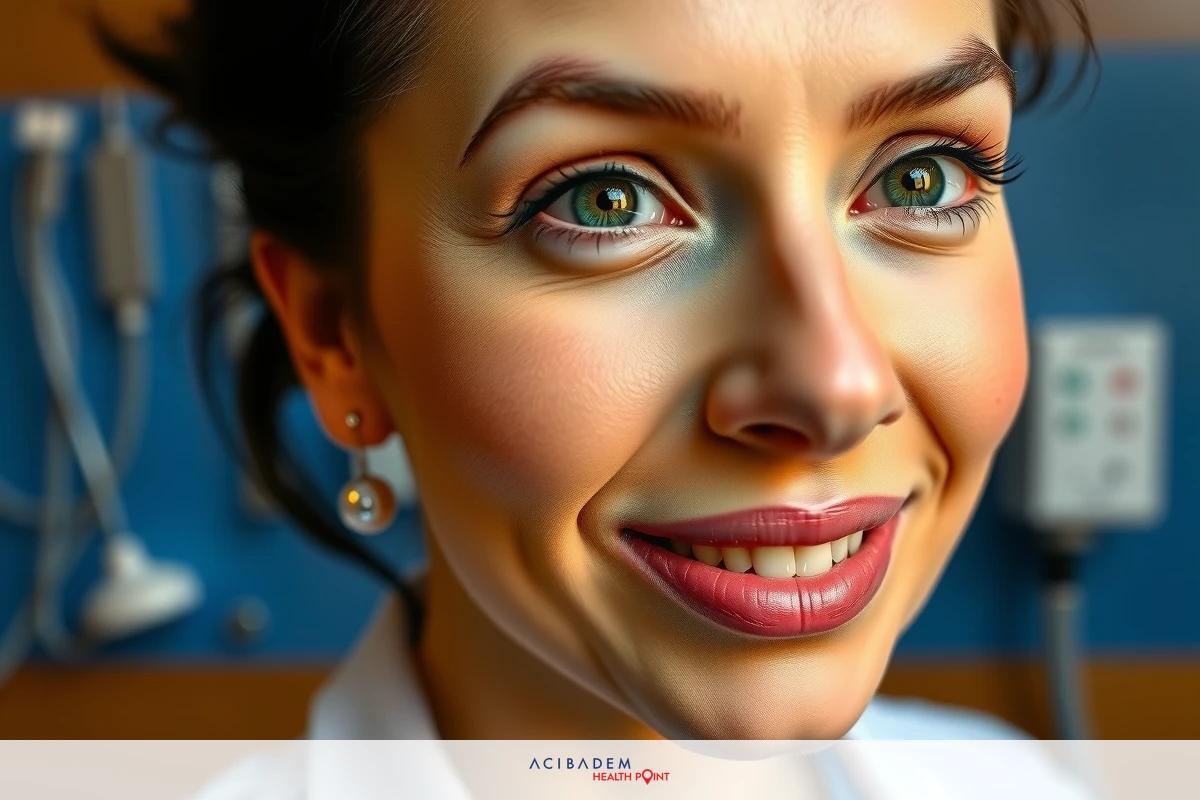 A woman with a large smile, wearing makeup and a white lab coat, in what appears to be a medical setting.