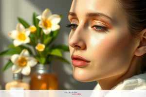 A woman's close-up, with her eyes closed and lips parted slightly. She has a neutral expression on her face. Her skin is glowing, suggesting a natural light source nearby. There are yellow flowers in the background, which adds a soft and warm tone to the image.