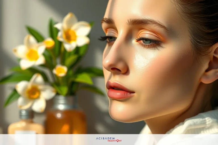 How to Make Bruises Go Away Faster After Rhinoplasty A woman's close-up, with her eyes closed and lips parted slightly. She has a neutral expression on her face. Her skin is glowing, suggesting a natural light source nearby. There are yellow flowers in the background, which adds a soft and warm tone to the image.