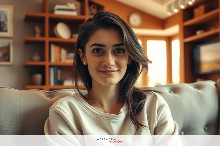 When is the Best Time to Get Rhinoplasty? A woman sitting on a gray couch, wearing a white shirt. She is smiling and looking towards the camera. Behind her, there's a bookshelf with various items on it.