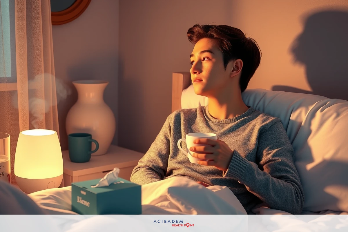 A man in a cozy bedroom at night, lying in bed with blankets and pillows. He is holding a cup of tea. A blue box on the bed suggests presents or gifts are exchanged during this quiet moment. The room has warm lighting from a lamp and a candle, adding to the tranquil atmosphere.