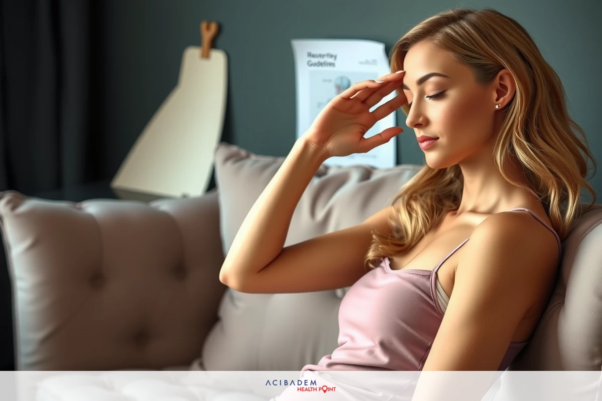 The image features a young woman seated on a sofa with her hand over her eyes, likely resting or experiencing a moment of fatigue. She is dressed in an elegant pink dress and is the main subject of the image. The room has modern decor, with various objects scattered around, including books and papers, suggesting a domestic environment, possibly a living room.