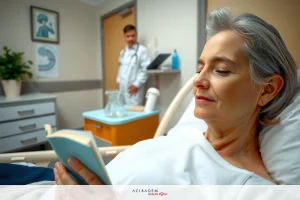 The image depicts a woman in a hospital bed, reading a book. She appears to be an older adult with gray hair. A medical professional is standing by her side, attentively watching. The environment suggests a hospital setting with a clinical and sterile appearance. The color palette is muted, focusing on shades of white, gray, and green.