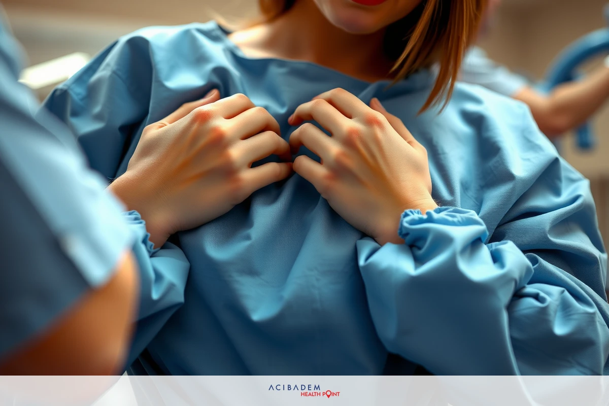 The image depicts a woman lying on a hospital bed, wearing a blue surgical gown and covered with a sterile drape. The environment suggests an operating room or post-surgery recovery area. There are medical personnel attending to her, but their details are not clear due to the focus on the patient.