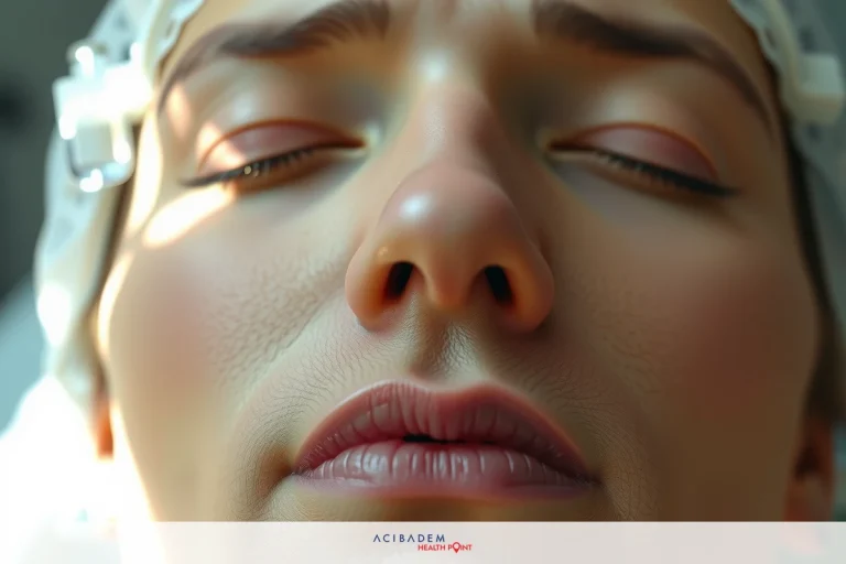 Where are the Stitches in Rhinoplasty? Close-up of woman's face with eyes closed, likely in medical or beauty setting.