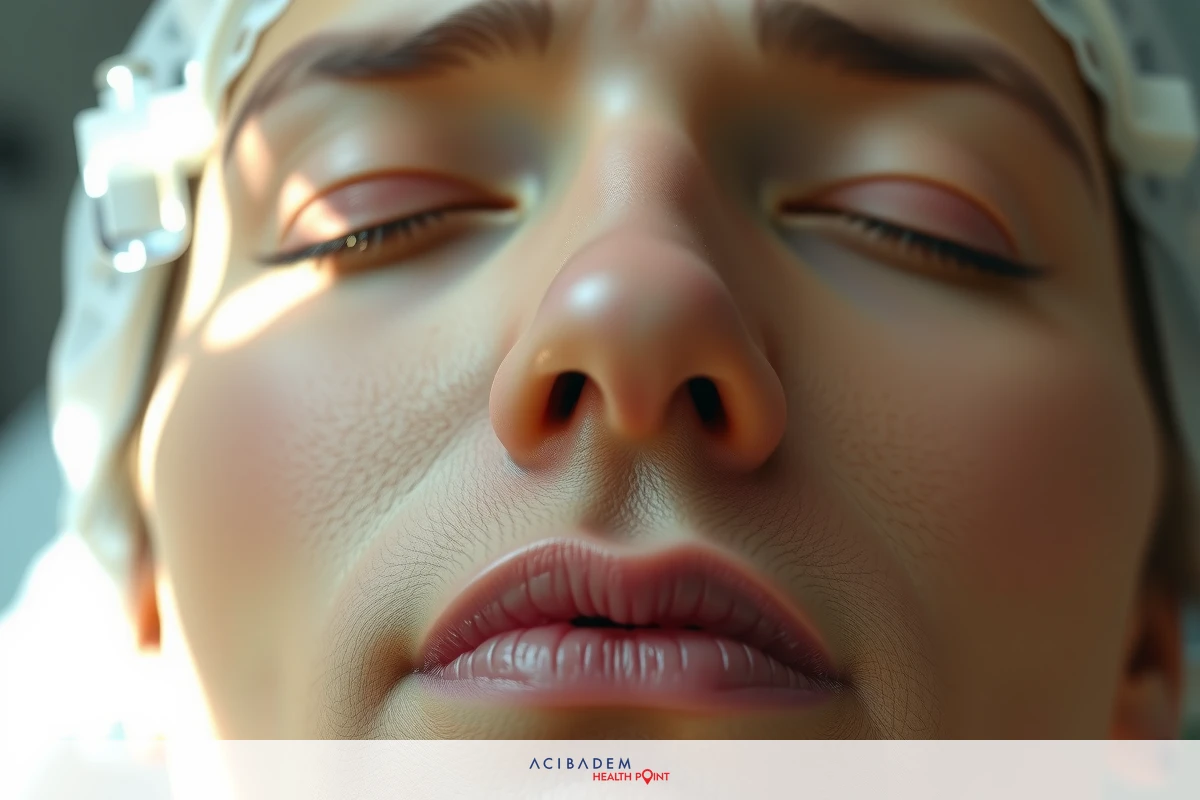 Close-up of woman's face with eyes closed, likely in medical or beauty setting.