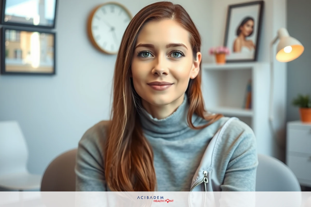 The image is a portrait of a young woman sitting in an office environment. She has long hair and is smiling at the viewer. The room appears modern with contemporary furniture and decor. The colors are neutral, suggesting a professional setting.