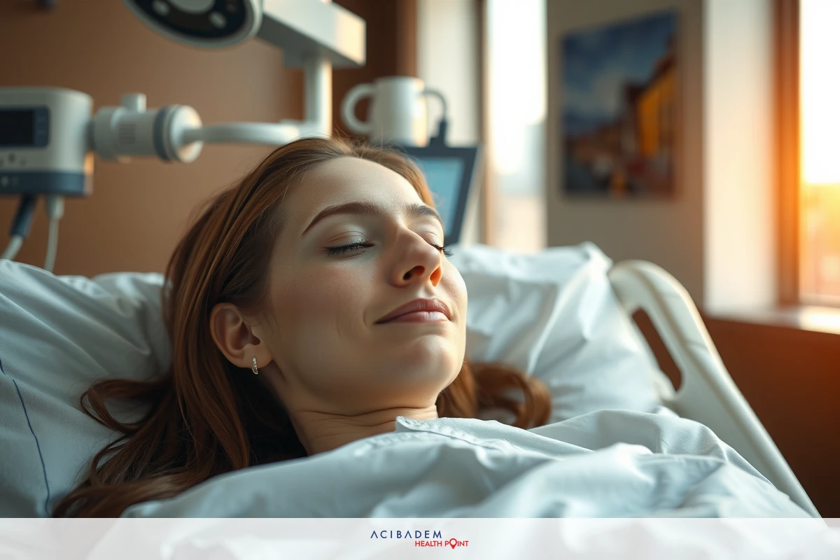 A woman lying on a hospital bed in the sunlight, smiling and looking upwards, with medical equipment around her. She appears to be resting or feeling better.