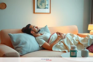 The image depicts a man lying down on a couch, covered with a blanket. He appears to be resting or sleeping, with his head comfortably positioned on two pillows. The room has a warm ambiance, indicated by the soft lighting and comfortable decor.