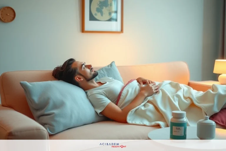 What to Buy for Rhinoplasty Recovery The image depicts a man lying down on a couch, covered with a blanket. He appears to be resting or sleeping, with his head comfortably positioned on two pillows. The room has a warm ambiance, indicated by the soft lighting and comfortable decor.