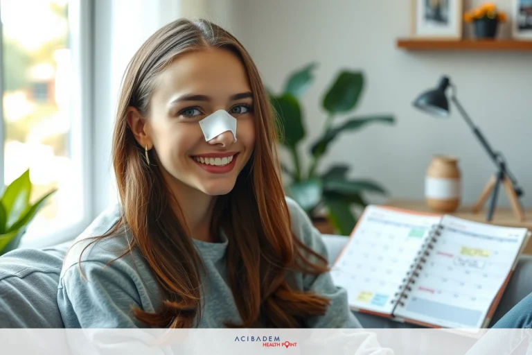 What is Done in Rhinoplasty The image shows a young woman sitting on a couch indoors. She has a noticeable black strip above her eye, which suggests she may have had an accident or injury. The woman is smiling and looking at the camera. In the background, there's a potted plant, a small table with a book and notebook on it, and a wall-mounted lamp to the left side of the frame.