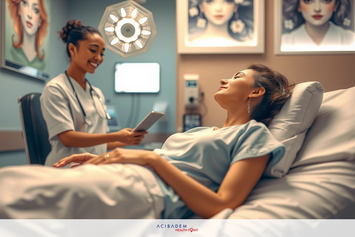Two women in a hospital setting. One is lying on a bed, possibly receiving medical attention or undergoing treatment, while the other stands beside her, likely a healthcare professional. The environment is sterile and clinical.