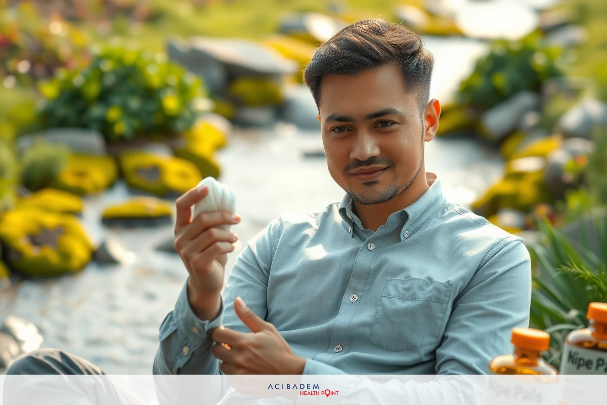 A man sitting in a peaceful garden setting, holding a napkin and smiling. He is dressed casually with a shirt and slacks, surrounded by rocks and plants.