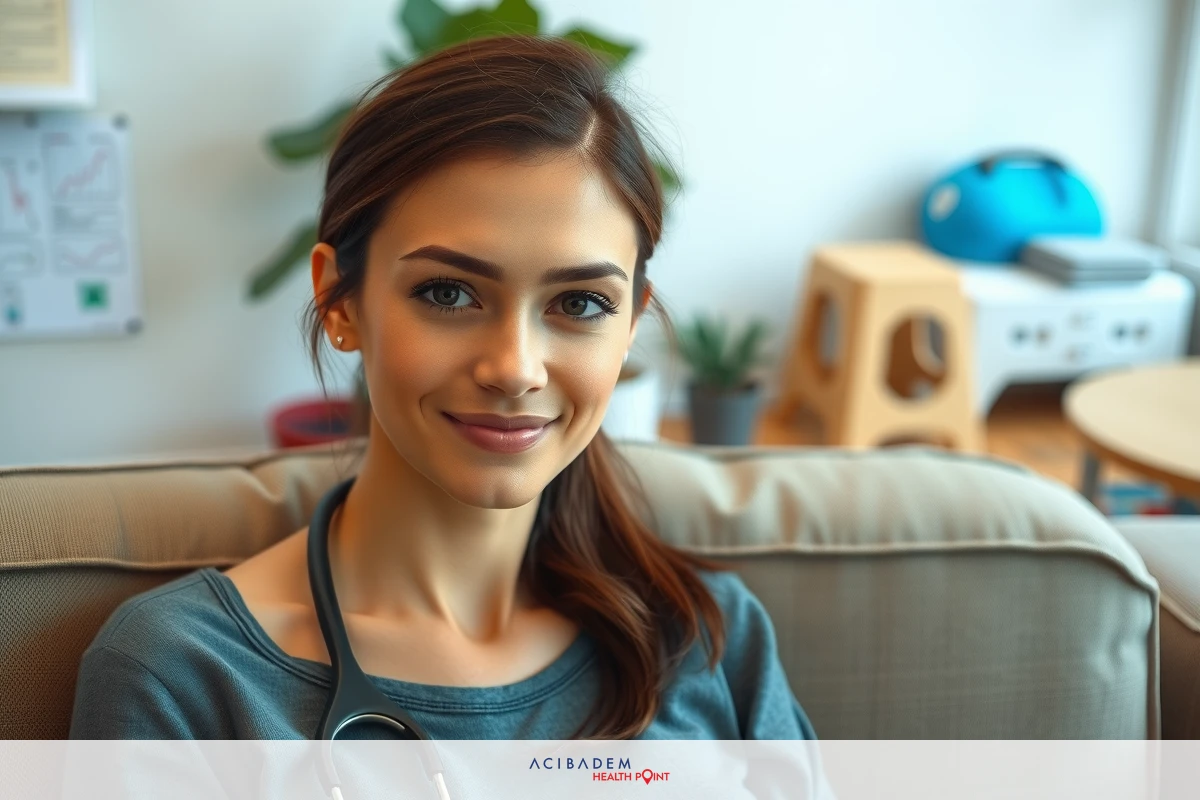 A young woman in a casual setting, possibly a home office or living room. She is wearing a white stethoscope around her neck and sits comfortably on the couch with one leg crossed over the other. Her smile suggests a relaxed, friendly atmosphere.