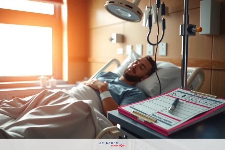 Man lying in hospital bed with medical equipment around. Sunlit room with clinical ambiance.